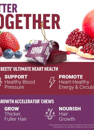 Force Factor Hair Growth Accelerator, Mixed Berry, 60 Soft Chews + Total Beets Ultimate Heart Health Blood Pressure Support Chews with CoQ10, Pomegranate Berry, 60 Soft Chews