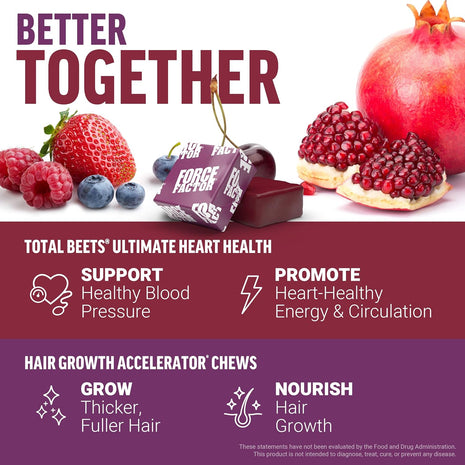 Force Factor Hair Growth Accelerator, Mixed Berry, 60 Soft Chews + Total Beets Ultimate Heart Health Blood Pressure Support Chews with CoQ10, Pomegranate Berry, 60 Soft Chews