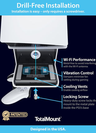 TotalMount Wall Mount for All PS5 Models – Bonus: Holds Two Controllers (Compatible with All PS5 Models Including Slim, Pro, and Original)