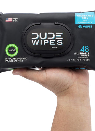 DUDE Wipes Unscented Adult Flushable Wet Wipes, Sensitive Skin, 288 Count | 99% water, extra large flushable butt wipes. Fragrance free, hypoallergenic, vitamin E and aloe. Septic safe. 6 packs of 48.