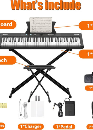 61 Key Keyboard Piano, Protable Electric Semi-Weighted Piano Keyboard for Beginner/Professional, With Power Supply, Built In Speakers, Pedal, Perfect for Birthday or Christmas(with stand, stool)