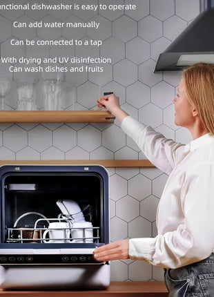 Dishwasher Tabletop dishwasher Portable Small fully automatic dishwasher with four wash modes plus drying and sterilizing modes Can be connected to the tap and filled manually