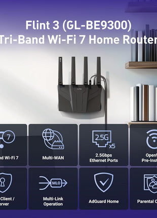 GL.iNet GL-BE9300 (Flint 3) Tri-Band WiFi 7 Router, High-Speed 6GHz Gaming WiFi Router for Wireless Internet, Long Range, 5 x 2.5G VPN Routers for Fiber Optic Modem, Computer Routers, Home & Business
