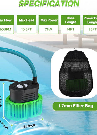 Pool Cover Pump above Ground - Submersible Water Sump Pump Swimming Water Removal Pumps, with Drainage Hose & 25 Feet Extra Long Power Cord, 850 GPH inGround, 3 Adapters
