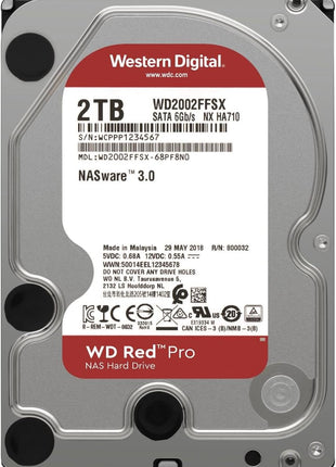 Western Digital 2TB WD Red Pro NAS Internal Hard Drive HDD - 7200 RPM, SATA 6 Gb/s, CMR, 64 MB Cache, 3.5 inch - WD2002FFSX