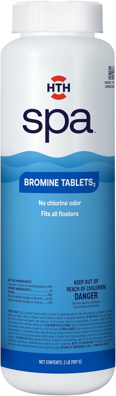 HTH Spa 86109 Bromine Tablets, Chemical Sanitizer for Spas & Hot Tubs - Fits All Floaters for Easy Application, Creates Soft Water Feel, No Chlorine Odor, Eliminates Bacteria & Algae, 2 lbs
