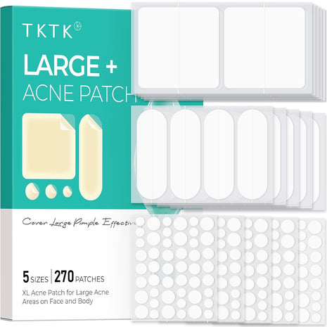 TKTK Hydrocolloid Bandages, 45 x 45 mm Large Pimple Patches for Face, XL Acne Patches for Body, Back, Forehead, Cheek Zit Breakouts, Big Hydrocolloid Patch (Square, Strip, Dot 5 Sizes 270 Count)