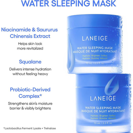 LANEIGE Water Sleeping Mask Overnight Gel, Replenishes Skin to Brighten, Clarify, Hydrate and Strengthen Skin's Moisture Barrier with Sleep-biome technology and Squalane, 2.4 fl. oz.