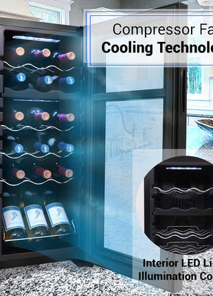 NutriChef PKCWCDS188 Freestanding Wine Fridge, 18 Bottle Dual Zone Beverage Cooler for Home & Office, 32x13x19 inches, Adjustable Temp 41-64F, Black