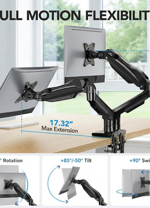 HUANUO FlowLiftTM Dual Monitor Stand, Fully Adjustable Gaming Monitor Desk Mount for 13–32′′ Computer Screens, Full Motion VESA 75x75/100x100 with C-Clamp & Grommet Base, Each Arm Holds 4.4 to 19.8 lbs