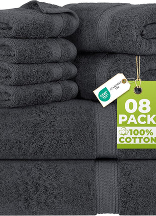 Utopia Towels 8 Piece Premium Towel Set, 2 Bath, 2 Hand, and 4 Wash Cloths, 600 GSM 100% Ring Spun Cotton, Highly Absorbent Towels for Bathroom, Gym, Hotel, and Spa, Grey