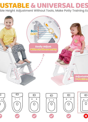 Orzbow Potty Training Seat with Step Stool, Toddler Toilet Seat with Ladder | 7 Height Adjustable, Splash Guard, Non-Slip Base, Handles, Stable Triangular Fits Most Toilets, For Kids Boys Girls, Pink