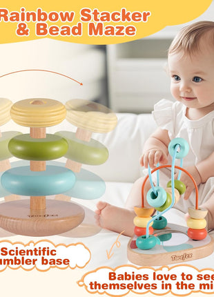 Wooden Montessori Learning Toys Kit,Babies Toys Set for 1 Year Old, Sensory and Thinking Play kit for Toddlers (Boys and Girls). 4 in 1 Drop Box; Rocking Stacker; Bead Maze.