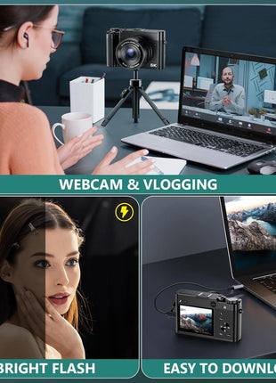 5K Digital Camera, 64MP Cameras for Photography with 6X Optical Zoom & Autofocus, WiFi Vlogging Camera for YouTube Video, Dual-Lens, 2 Batteries, 64GB Card & Flash, Best Cameras for Content Creators