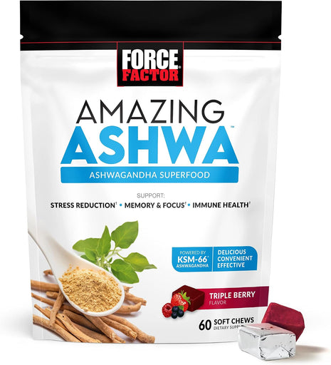 Force Factor Amazing Ashwa for Stress Relief + Better Turmeric Joint Support + Total Beets Heart-Healthy Energy Soft Chews (60 Chews Each)