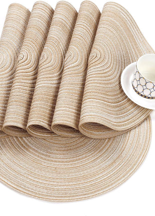 SHACOS 15 inch Round Braided Placemats Set of 6 Non Slip Heat Resistant Cotton Polyester Table Mats Washable Place Mats for Kitchen Dining Party Table Decor (Beige, 6)