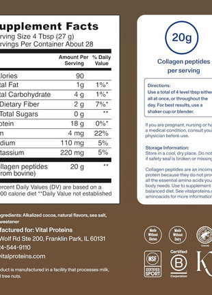 Vital Proteins Collagen Peptides Powder, Chocolate, 26.8oz | Grass-Fed Collagen Peptides, Supports Hair Skin & Nails, Bones & Joints, Chocolate Flavor, 28 Servings