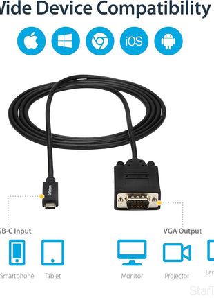 StarTech.com 6ft/2m USB C to VGA Cable - 1920x1200/1080p USB Type C to VGA Video Active Adapter Cable - Thunderbolt 3 Compatible - Laptop to VGA Monitor/Projector - DP Alt Mode HBR2 (CDP2VGAMM2MB)