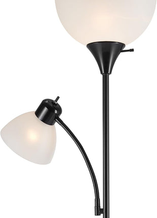GLOBE Electric 67135 72 inch Torchiere Floor Lamp and Adjustable Reading Light, Matte Black, Frosted Shade, Dual Rotary Switch, 3-Step Dimming, Modern Lighting for Living Room or Office