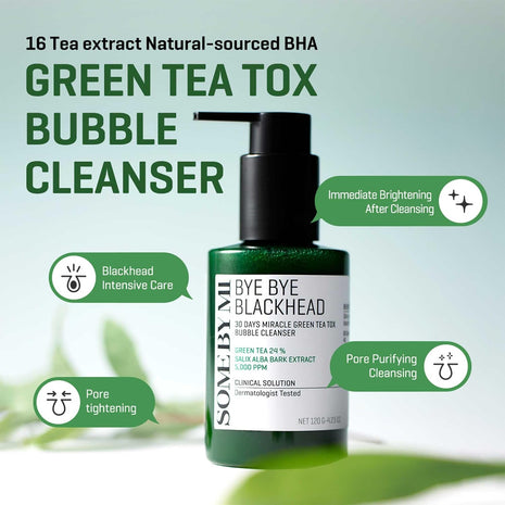 SOME BY MI Bye Bye Blackhead 30 Days Miracle Green Tea Tox Bubble Cleanser ・4.23oz, 120g ・Korean Face Wash & Bubble Face Mask ・Daily Blackhead-Removing Pore Minimizer for Face ・Korean Skin Care