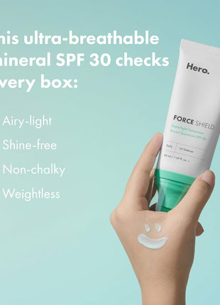 Hero Cosmetics Force Shield Superlight Sunscreen SPF 30, 1.69 Fl Oz | Improves Redness & Post-Blemish Marks; Color-Correcting Green Cream; Long-Lasting Hydration; Dermatologist Tested