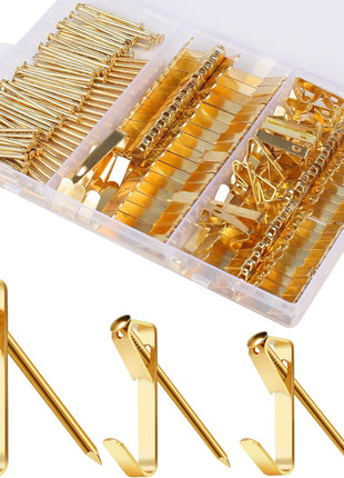 184 Pieces Picture Hanging Kit, 20lb, 30lb, and 50lb Picture Hangers, Metal Picture Hanging Hooks with Nails, on Drywall, Wooden Wall(Gold)