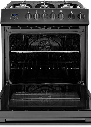 30 in. Nebula Coll 5.0 cu. ft. 5 Burner Gas Range, Convection, Matte Black | Cosmo COS-305AGC-BK Cast Iron Grates, Digital Display with Timer, Metal Knobs, Liquid Propane Convertible, Wok Ring