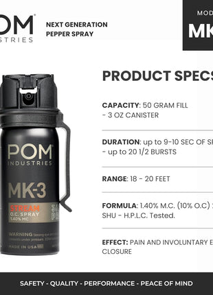 POM MK3 Pepper Spray, Belt Clip Model, Maximum Police Strength OC with UV Marking Dye, Quick Flip Top Safety, 360° Performance at Any Angle, Powerful Accurate Stream, 18 ft Range, 1.8 fl oz
