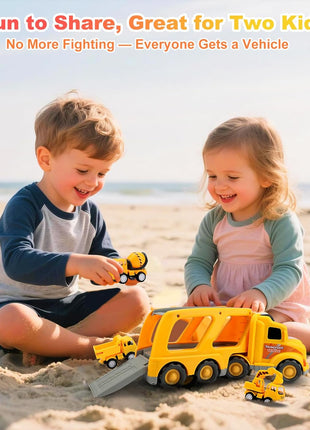 Construction Truck Toys for Toddler 3-4: 5-in-1 Vehicles with Sound Lights | 13 inch Big Carrier 4 Mini Truck - Great for Little Boys Daily Repeat Play - Ideal Christmas Birthday Gifts for Boy Grandkids