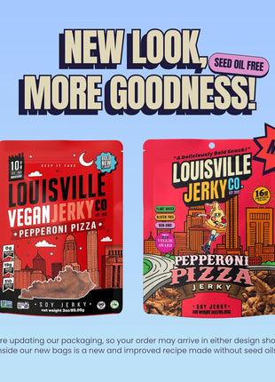 Louisville Jerky Co. Pepperoni Pizza Vegan Jerky, 3 oz, 1-Pack | Gluten-Free, Non-GMO, Plant-Based Protein Snack, Vegetarian Jerky, Pepperoni Pizza Flavor, Ready-to-Eat, Chewy Texture