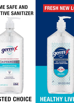 Germ-X Advanced Hand Sanitizer, 34 Fl Oz (1 Liter), Less Drying Moisturizing Clear Gel, No Rinse Formula, Large Family Size Pump Bottle
