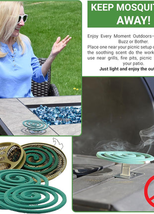 W4W Mosquito Repellent Coils - Outdoor Use Reaches Up to 10 feet - Each Burns for 5-7 Hours (Three Pack Contains 12 coils & 6 Stands)