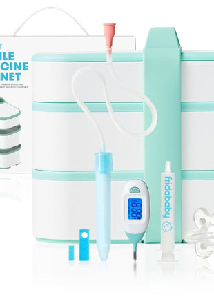 Frida Baby Mobile Medicine Cabinet Travel Kit, Set Baby Essentials Gift Set Includes NoseFrida Snotsucker, Rectal Thermometer, MediFrida Medicine Dispenser with Portable Carrying Case