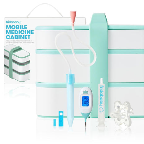 Frida Baby Mobile Medicine Cabinet Travel Kit, Set Baby Essentials Gift Set Includes NoseFrida Snotsucker, Rectal Thermometer, MediFrida Medicine Dispenser with Portable Carrying Case