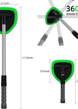 Windshield Cleaner Tool with Extendable Aluminum Handle (Up to 19.7"), Streak-Free Auto Glass Cleaning Kit with 4 Thick Microfiber Pads & Spray Bottle, Inside Window Defogger Accessories