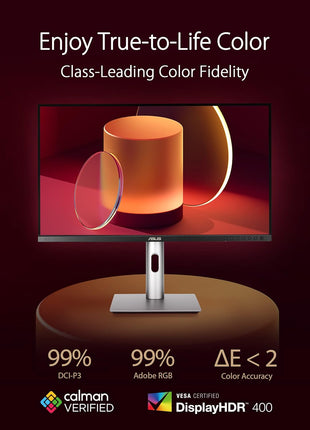 ASUS ProArt Display 27 inch 4K HDR Professional Monitor (PA279CRV) - IPS, UHD (3840 x 2160), 99% DCI-P3/Adobe RGB, ΔE < 2, Calman Verified, USB-C PD 96W, DisplayPort, Daisy-Chain, Ergonomic, 3yr Warranty