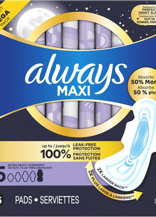 Always Maxi Overnight Pads with Wings for Women, Size 5, Extra Heavy Overnight Absorbency, Unscented, 36 Count