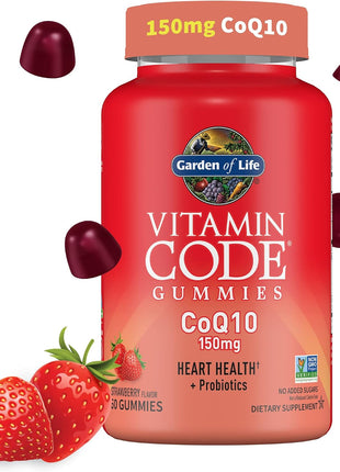 Garden of Life Vitamin Code CoQ10 Gummies, Strawberry Flavor, 60 Gummies | Heart Health and Cellular Energy Support with Prebiotics and Probiotics, No Added Sugar, Gluten-Free, Non-GMO