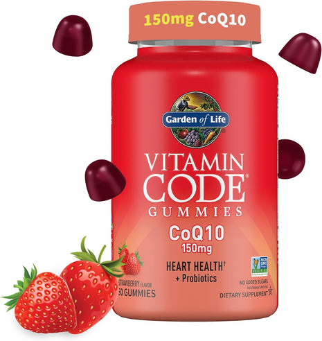 Garden of Life Vitamin Code CoQ10 Gummies, Strawberry Flavor, 60 Gummies | Heart Health and Cellular Energy Support with Prebiotics and Probiotics, No Added Sugar, Gluten-Free, Non-GMO