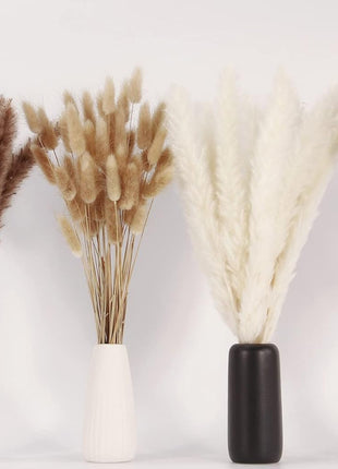 Dried Pampas Grass Decor, 100 Stems Pampas Grass Contains Bunny Tails Dried Flowers, Reed Grass Bouquet for Wedding Boho Flowers Home Table Decor, Rustic Farmhouse Party (17 inch, White and Brown)