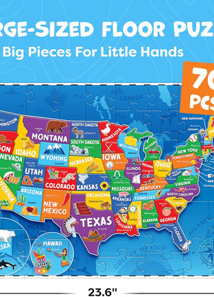 United States Puzzles for Kids Ages 4-6, 6-8, 3-5 - Educational Toys for Boys & Girls - 70Pcs USA Map Kids Puzzles with 50 States & Capitals - Floor Jigsaw Kids Puzzle - Learning Activities Gifts