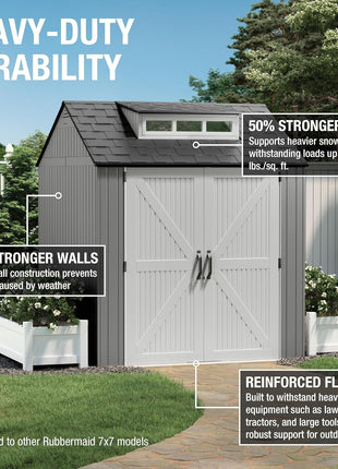 Rubbermaid Resin Outdoor Storage Shed With Floor (7 x 7 Ft) Weather Resistant Gray Organization for Home/Backyard/Garden Tools/Lawn Mower/Bike Storage/Pool Supplies