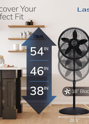 Lasko Pedestal Fan, Oscillating Fan for Bedroom with Adjustable Height and 3 Cooling Speeds, Portable, 18 inch, Black, 1827
