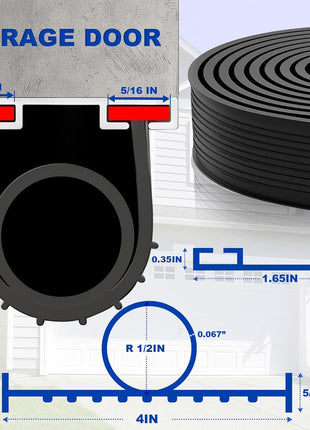 DGSL Garage Door Seals Bottom Rubber Weather Stripping Kit Seal Strip Replacement, Universal Weatherproof Threshold Buffering Sealing Rubber 5/16 Inch T Ends (16 Ft, Black)