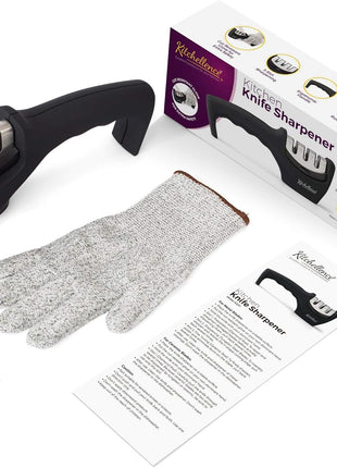 4-in-1 Kitchen Knife Accessories: 3-Stage Knife Sharpener Helps Repair, Restore, Polish Blades and Cut-Resistant Glove (Black)