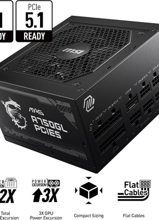 MSI MAG A750GL PCIE5, Fully Modular Compact Gaming 750W Power Supply, 80+ Gold, ATX 3.1 & PCIe 5.1 Ready, Native Dual-Color 12V-2x6 Cable, 10 Year Warranty