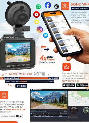 ROVE R2-4K PRO Dash Cam, Built-in GPS, 5G WiFi Dash Camera for Cars, 2160P UHD 30fps Dashcam with APP, 2.4 inch IPS Screen, Night Vision, WDR, 150° Wide Angle, 24-Hr Parking Mode, Supports 512GB Max