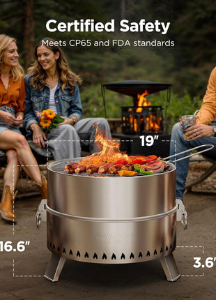 CIAYS Smokeless Firepit, 19 Inch Fire Pit for Camping with Patented Technology, Portable Fire Pit for Outside with Steel Grill Rack, Fire Poker, and Bag, Easy Setup and Storage, Wood Burning, Silver