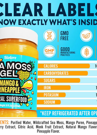 Biolore Sea Moss Gel Mango-Pineapple Made in USA Raw Wildcrafted Irish Seamoss Essential Vitamins Trace Minerals Vegan Superfood, Jam, Jelly & Sweet Spread Gifts (Mango-Pineapple 8OZ)