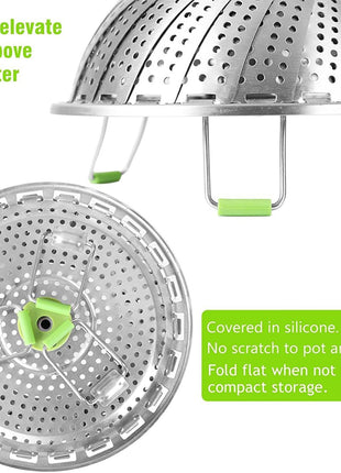 Consevisen Vegetable Steamer Basket for Cooking Food, Stainless Steel Veggie Steam Basket for Pot, Folding Expandable Steaming Insert with Extendable Handle Fits Various Size Pot, 5.1 inch to 9 inch